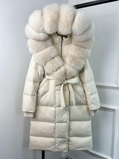 Janveny New Winter Long Hooded Puffer Jacket Women Warm Thickened Real Fox Fur Collar White Goose Down Jacket Waterproof Parkas