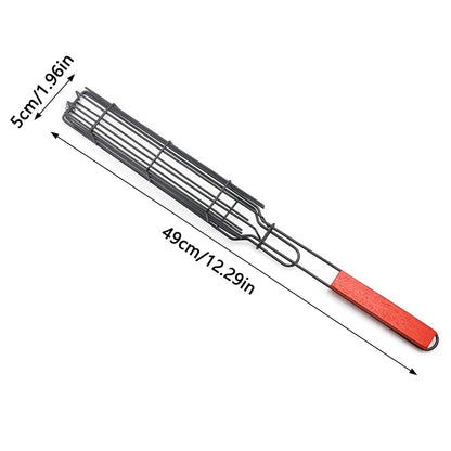 Stainless Steel Barbecue Grill Cage with Wooden Handle Picnic Kitchen Tools BBQ Basket for Fish Shrimp Vegetables Hot Dog