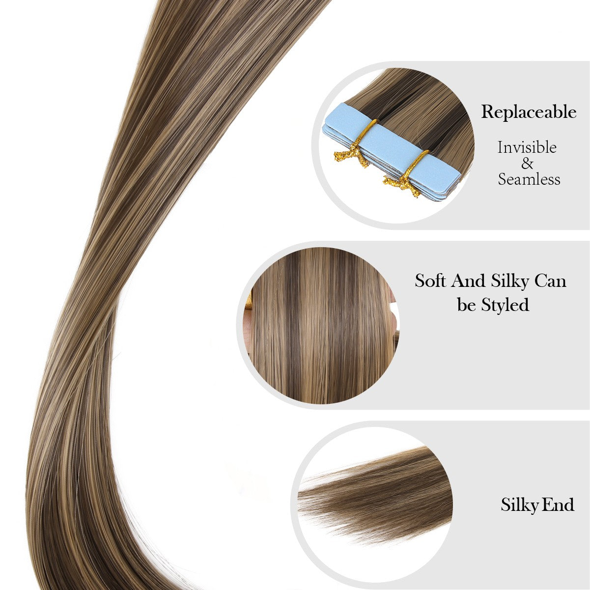 Fita de Cabelo Sintético para Mega Hair, 10 Peças, 50cm, Liso Longo, Trama Invisível, Alongamento Sem Emendas com Fita Invisível