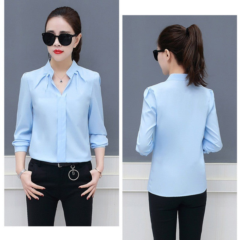 Autumn Spring Fashion Sexy V-Neck Shirt Women OL Formal Long Sleeve Chiffon Blouse M-2XL
