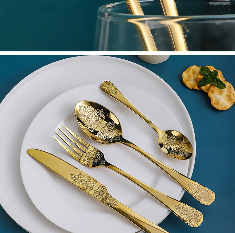 16/24Pcs Silverware Set,304 Stainless Steel Gold Cutlery Kit Mirror Polished Flatware Sets Vintage Carved Utensils Set Tableware