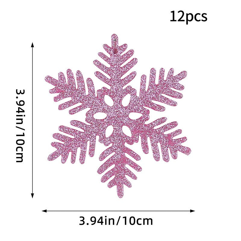 12PCS Pink Glitter Plastic Snowflake Decorations 10cm Christmas Tree Hollow Snowflake Pendants New Year Party Festival Supplies