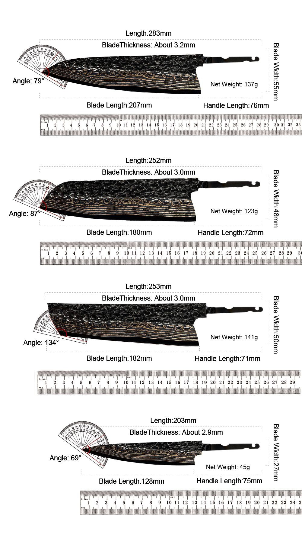 Conjunto de facas de cozinha de chef, santoku, nakiri e utilitária, com lâmina de aço Damasco de Cobre de 37 camadas e núcleo 10Cr15CoMoV, produto de venda quente