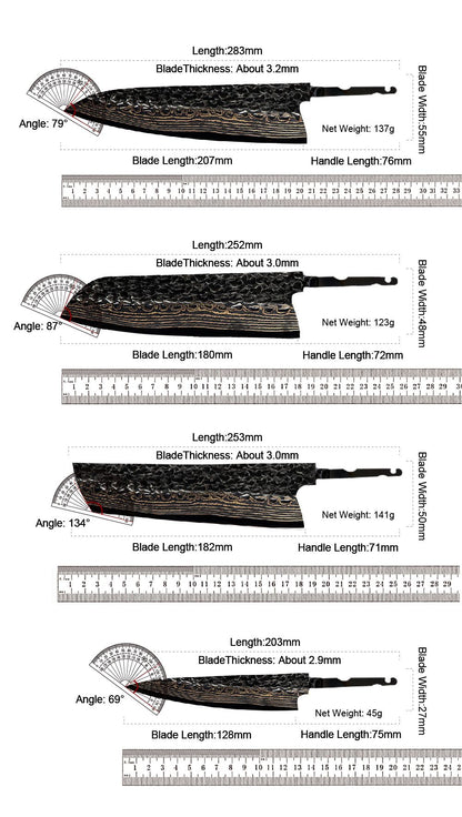Conjunto de facas de cozinha de chef, santoku, nakiri e utilitária, com lâmina de aço Damasco de Cobre de 37 camadas e núcleo 10Cr15CoMoV, produto de venda quente