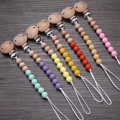 Handmade Beech Wood Baby Pacifier Chain Round Silicone Beads Infant Appease Soother Clips Anti-Drop Dummy Holder Nipple Clip