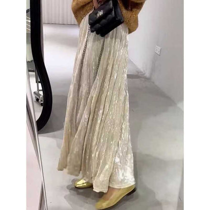 Plus Size Plus Size Women's Velvet Pleated A- Line Midi Skirt Autumn Winter Slimming Half-length Versatile Fashionable Commut...