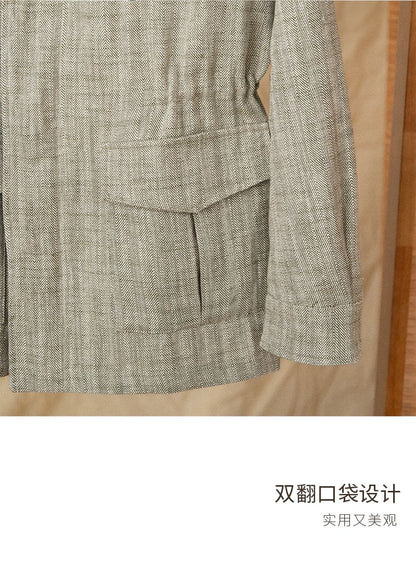 Cotton and Linen Vertical Collar Tight Waist M65 Hunting Jacket Retro All-match Spring and Summer Lightweight Casual Jacket