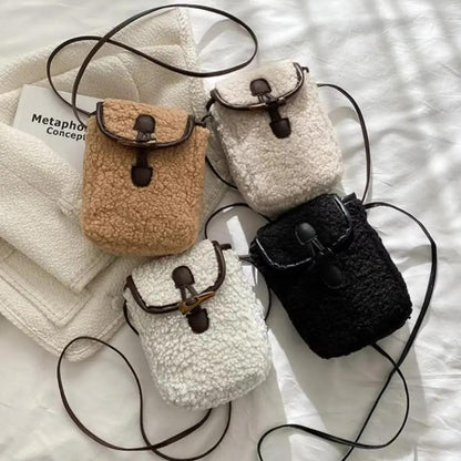 1 Pcs Women's Retro Lamb Fleece Bag Color Blocking Minimalist Mobile Phone Bag Single Shoulder Crossbody Small Bag
