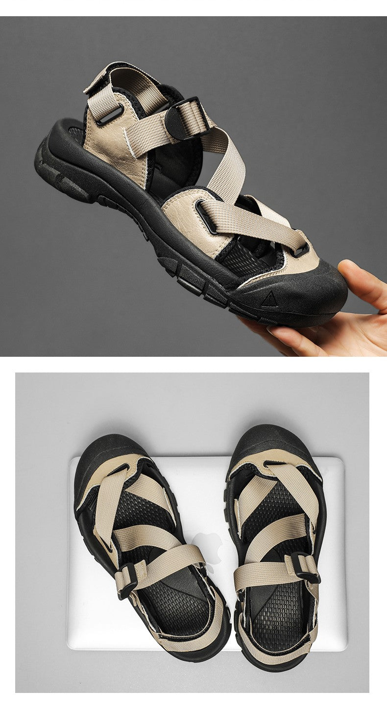 Sandals for Men's Summer New Cowhide Casual Beach Shoes, Genuine Leather for Men's Anti Slip Middle-aged Sandals and Slippers