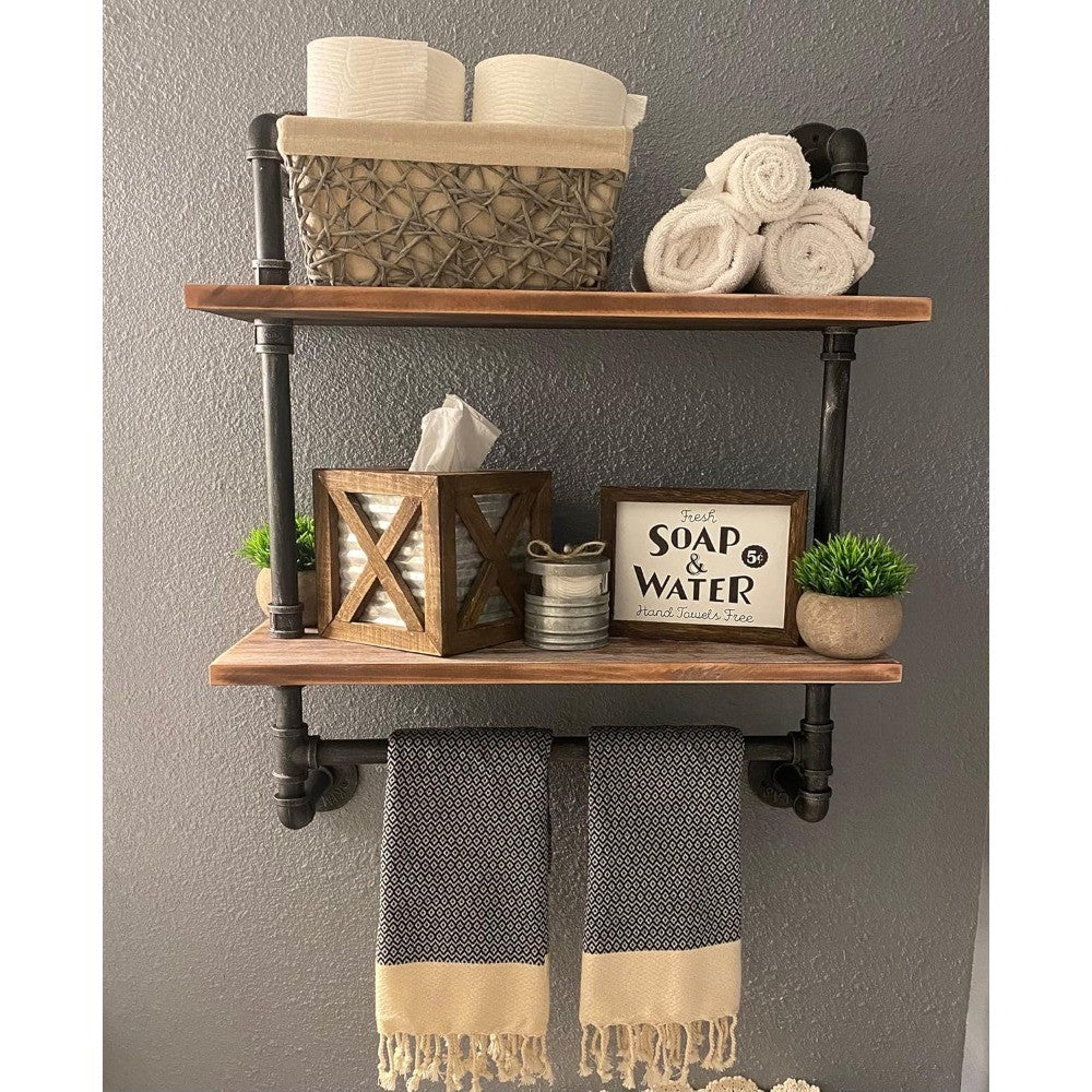 Industrial Pipe Style Wall Mounted Floating Shelves - 2-Tier 24 Rustic Wood Bathroom Shelf with Towel Rack