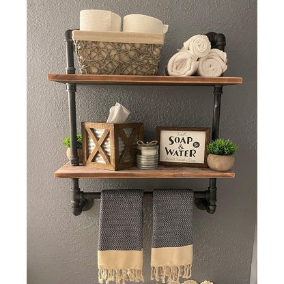Industrial Pipe Style Wall Mounted Floating Shelves - 2-Tier 24 Rustic Wood Bathroom Shelf with Towel Rack