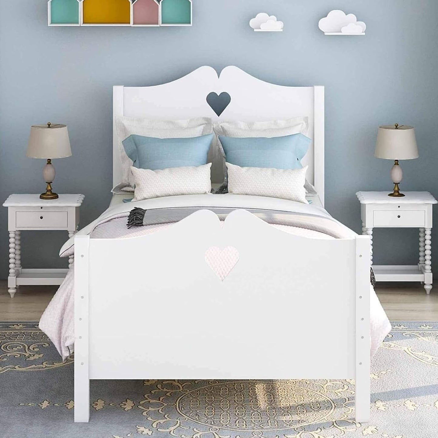 Estrutura de Cama de Solteiro de Madeira Maciça para Meninas, Estrutura de Cama Plataforma Princesa de Solteiro Branca, com Cabeceira/Peseira/Suporte de Sarrafos de Madeira, Não