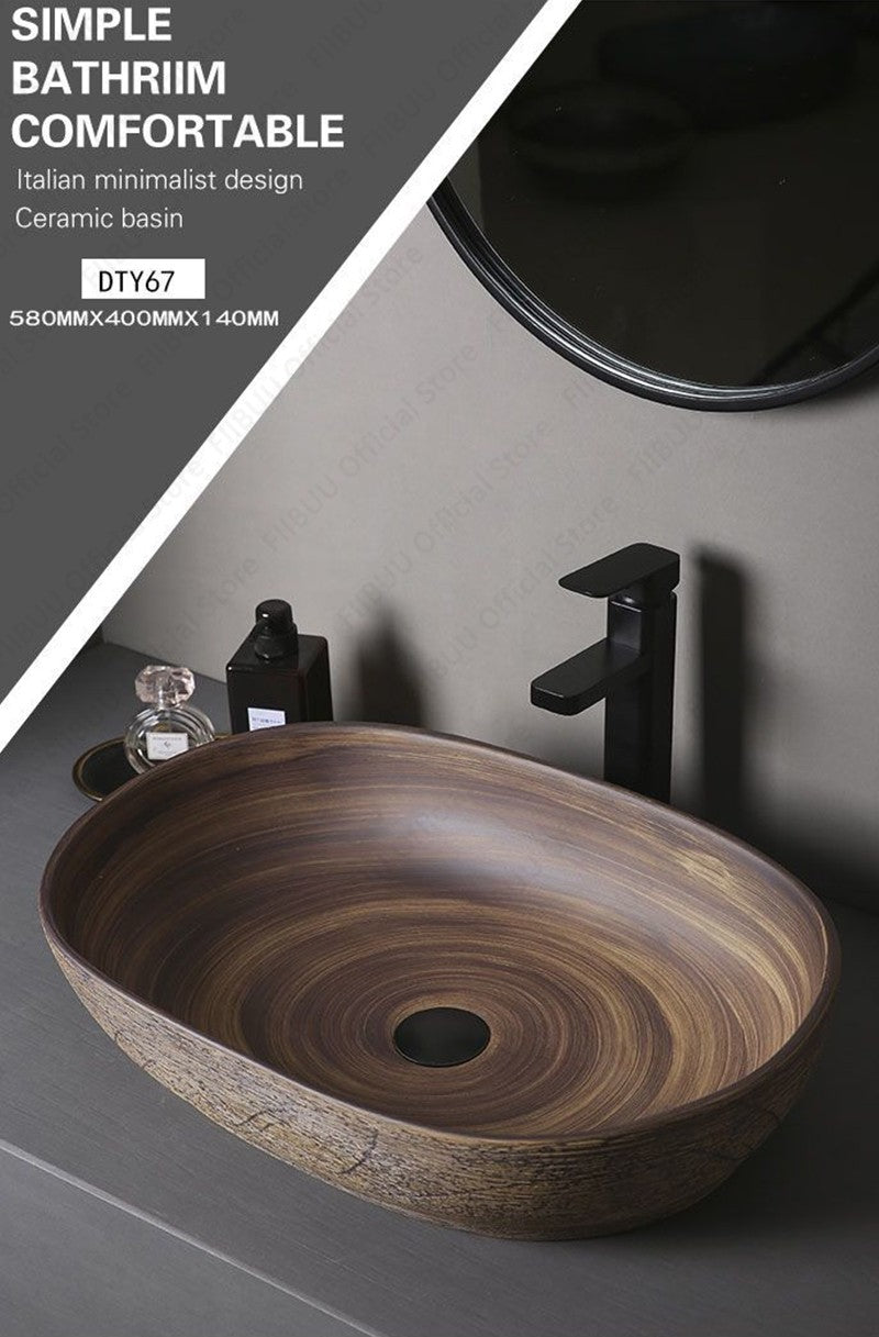 Cuba de Cerâmica Marrom para Lavatório de Banheiro Oval Artística para Mesa de Banheiro, Bacia de Lavar Roupa para Varanda, Bacia de Pedestal Acima do Balcão