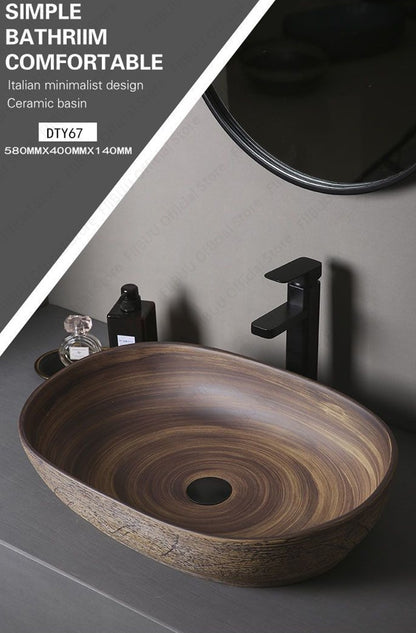 Cuba de Cerâmica Marrom para Lavatório de Banheiro Oval Artística para Mesa de Banheiro, Bacia de Lavar Roupa para Varanda, Bacia de Pedestal Acima do Balcão