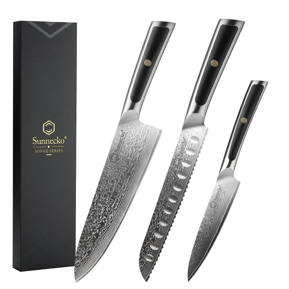 Facas de chef Sunnecko Damascus 1-7 peças/conjunto Faca de corte de carne de aço VG10 de alto carbono Faca de cozinha de corte utilitária ultra afiada
