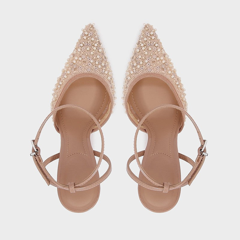 Luxury Bling String Bead Mesh Designer Pumps Women Sexy Pointed Toe Ankle Strap High Heels Elegant Party Wedding Heeled Sandals