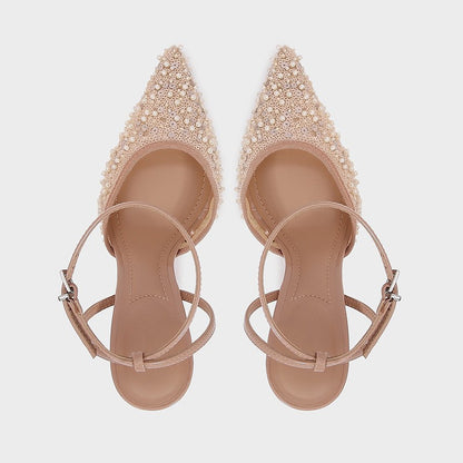 Luxury Bling String Bead Mesh Designer Pumps Women Sexy Pointed Toe Ankle Strap High Heels Elegant Party Wedding Heeled Sandals