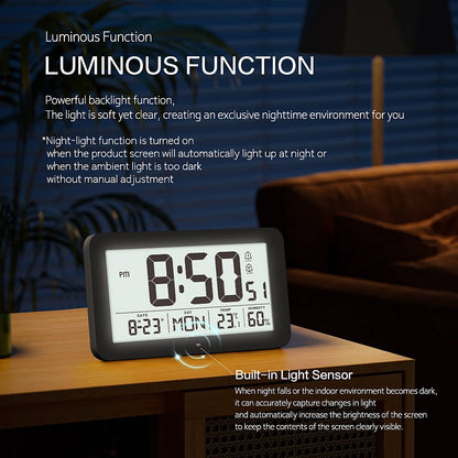 Large Digital Wall Clock with Temperature Humidity Calendar 8.5"Desk LCD Alarm Clock Backlight for Bedroom Office Living Room