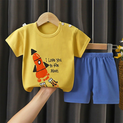 Cotton Pajama Cartoon T-Shirt+Shorts 2-Piece Clothing Set Kids Summer Baby Boys Girls Stripe Casual Tracksuit Clothes Suit 0-6 Y