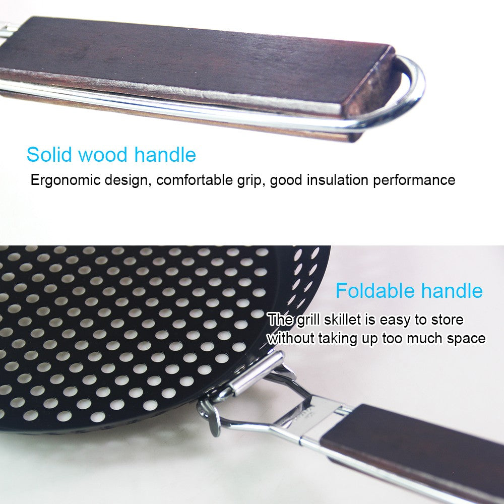 Non-stick Metal Grilling Skillet Handle Removable Handle for Outdoor Grill Topper Barbecue Pan for Vegetables Seafood Meat