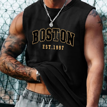 Men's summer fashion casual sports loose Boston est 1997 Print comfortable breathable round neck sleeveless vest