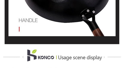 Panela Wok de Ferro Puro Konco, Panela de Ferro Fundido Antiaderente, Uso Geral para Fogão a Gás e Indução 32cm