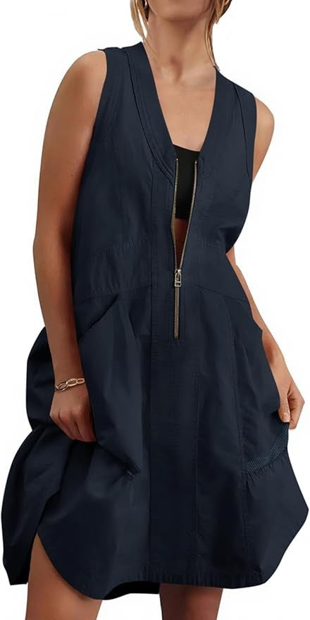 Fisoew Women's Sleeveless Mini Dress Half Zip V Neck Casual Mesh Back Summer Dress with Pockets sexy dress