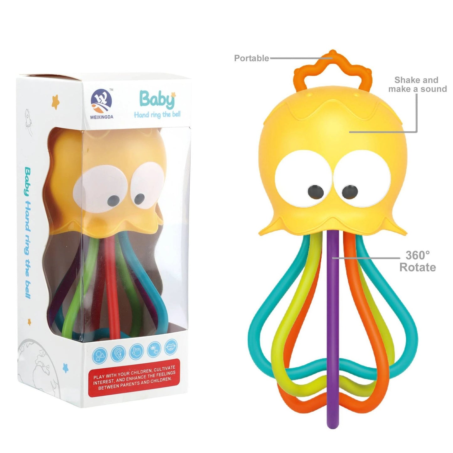 Jellyfish Grinding Gum Rocking Bell for Babies Aged 0-3 Years Old, Multifunctional Hand Grip, Water Boiling Toy Safe and Durable