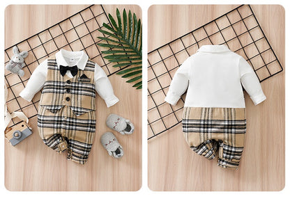 Newborn Baby Boy Clothes white baby onesie with khaki check print One-piece Vest gentleman's spring and autumn pajamas