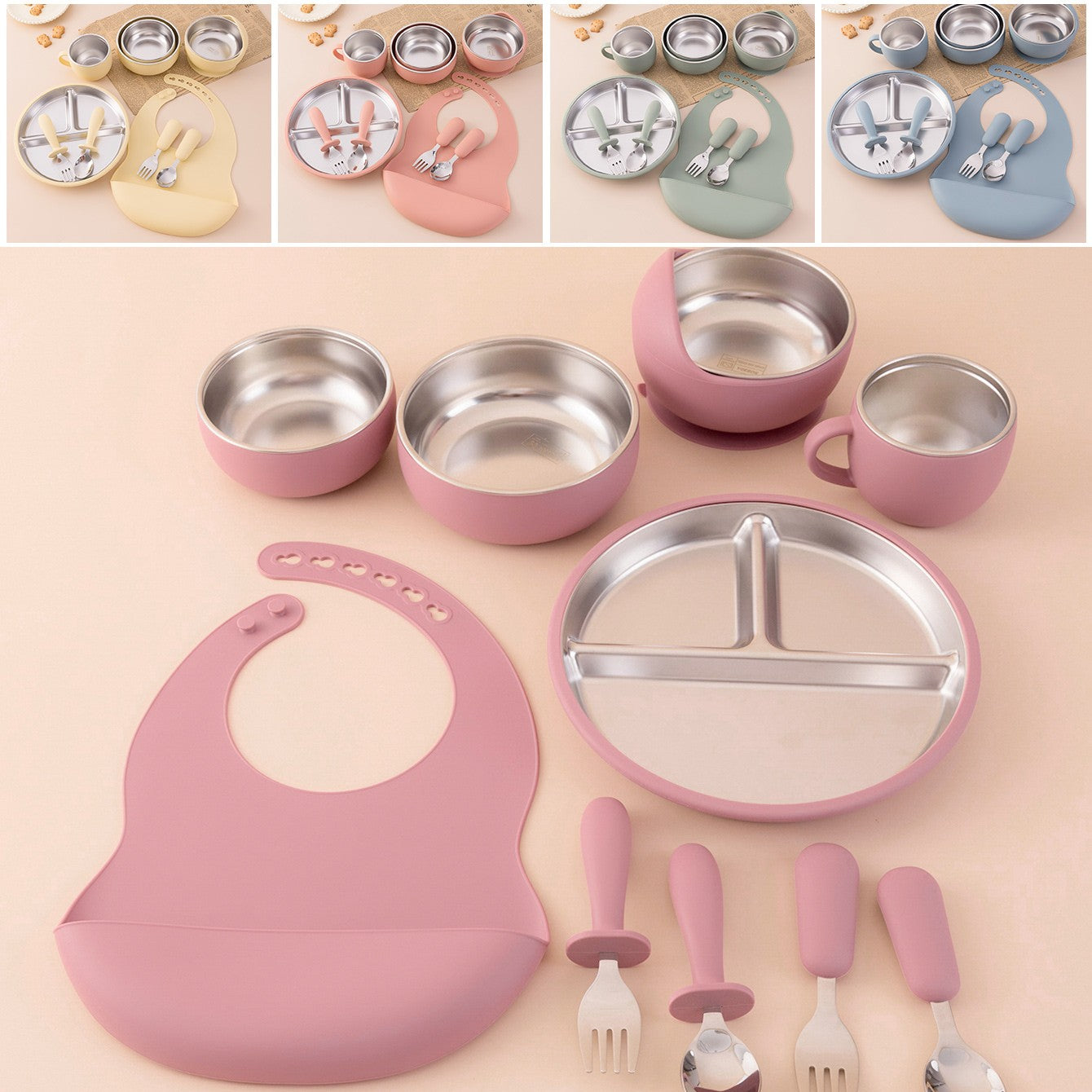 Color Kids 10PCS Infant Feeding Set Stainless Steel Silicone Tableware With Detachable Bowl Plate Bib Weaning Utensils For Baby