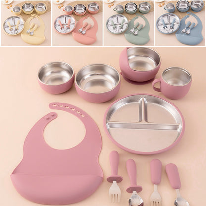 Color Kids 10PCS Infant Feeding Set Stainless Steel Silicone Tableware With Detachable Bowl Plate Bib Weaning Utensils For Baby