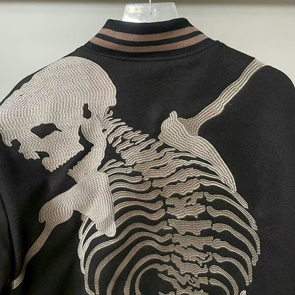 Real Photo GOD SPEED Baseball Jacket American Vintage Patchwork Leather Sleeves Unisex Embroidery Skeleton Jacket Coats