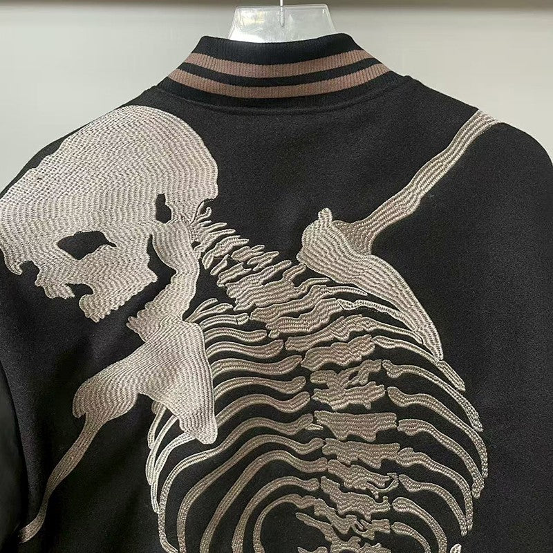 Real Photo GOD SPEED Baseball Jacket American Vintage Patchwork Leather Sleeves Unisex Embroidery Skeleton Jacket Coats