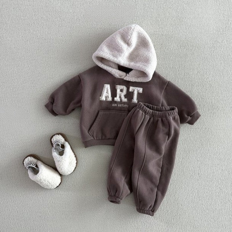 2025 Winter New Children Warm Clothes Set Boys Girls Fleece Hoodie + Pants 2pcs Suit Baby Letter Tracksuit Kids Sports Outfits