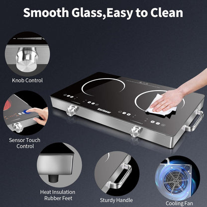 Karinear Ceramic Hob 2 Zones, 3200W Plug in Electric Hob with Safety Lock, Knobs&Touch Control, 56cm Coutertop Freestanding 240V