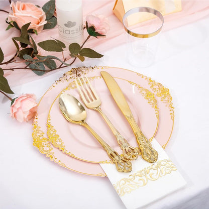 700PCS Pink Plastic Plates Pink and Gold Plates Luxury Pinks Plastic Dinnerware Set Include 200 Pinks Disposable Plates 300 Hea