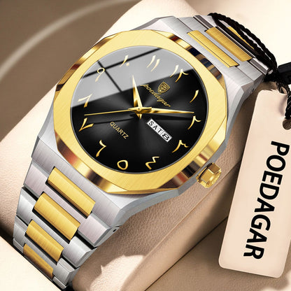POEDAGAR Fashion High Quality Men Clock Date Week Waterproof Watch For Man Quartz Stainless Steel Luxury Men's Watches Reloj+Box