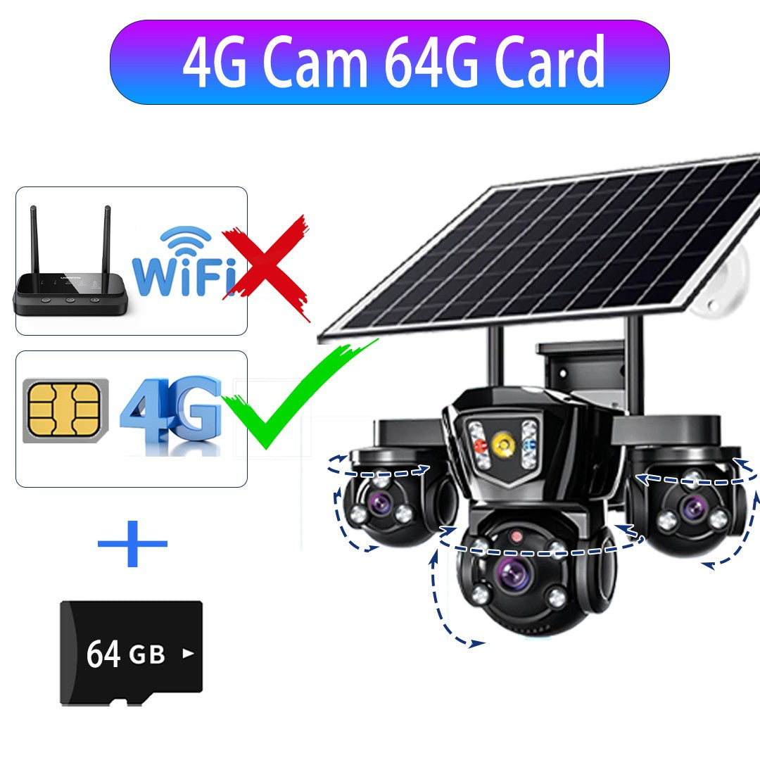V380 Pro WiFi Wireless Solar Camera 4G Sim Card Three Screen Outdoor Solaire CCTV Three Lens Battery 360 Solar Security Cameras