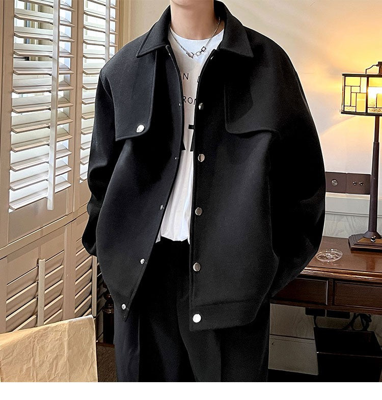 Winter Short Woolen Coat Men Warm Retro Thickened Woolen Jacket Men Streetwear Korean Loose Woolen Coat Mens Oversized Overcoat