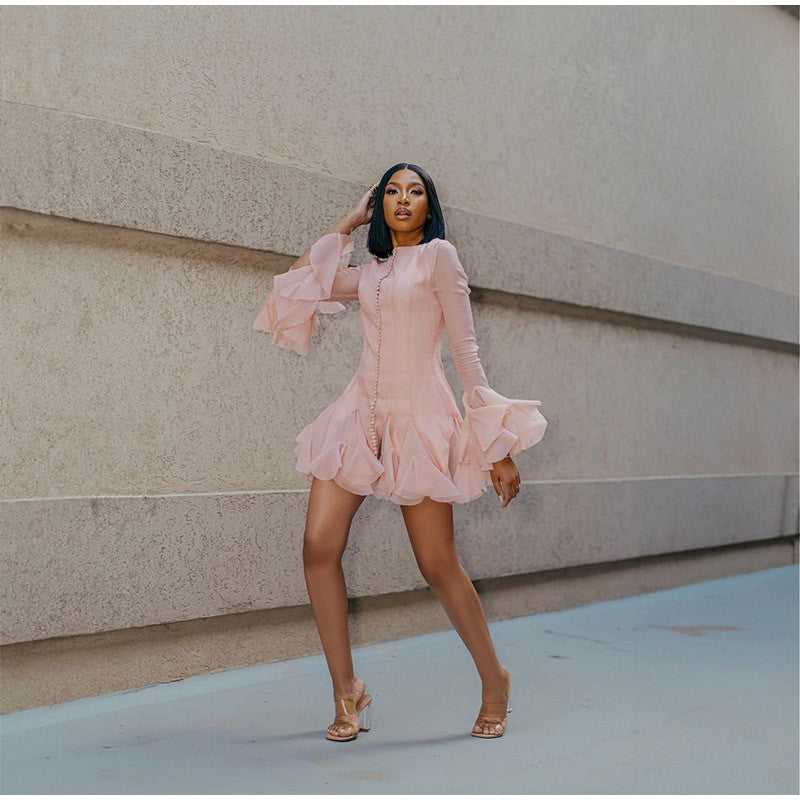 Solid Women Layered Ruffles Midi Dress Fashion Irregular Pleated A-line Long Sle