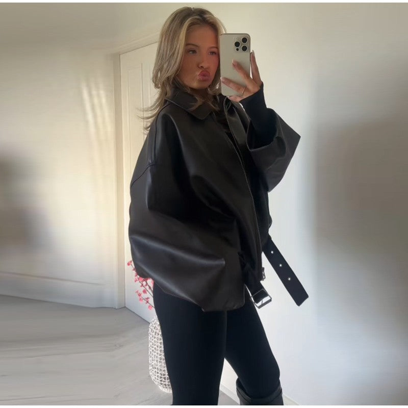 Vintage PU Leather Bomber Jackets 2025 Autumn New Ladies Zipper Lapel Long Sleeve Pocket Coat With Belt Women's Loose Streetwear