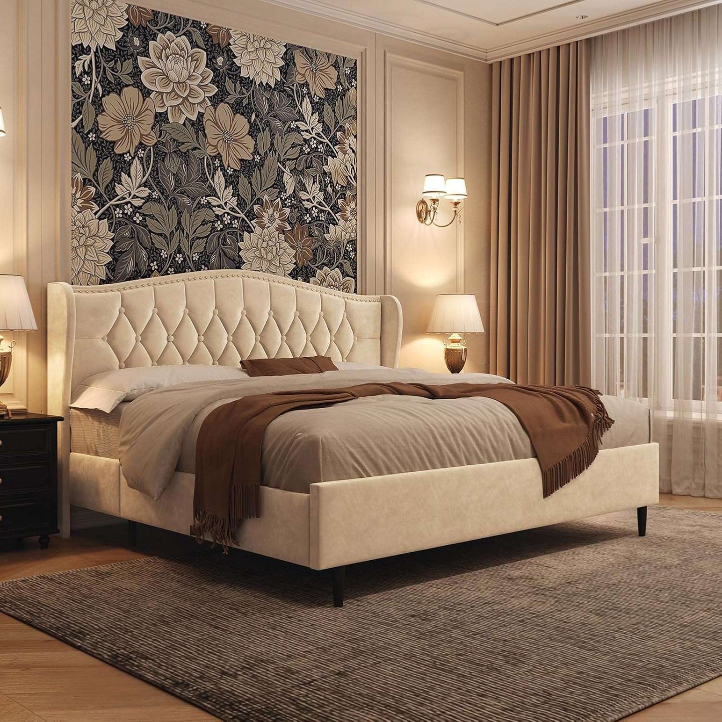 Estrutura de Cama Queen com Cabeceira, Cama Plataforma de Veludo Estofada de Luxo com Asa Lateral, Capitão e Acabamento com Tachas, Ant