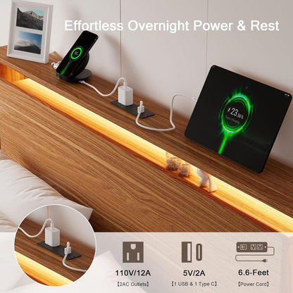 Cama Box King Size com LED e Estação de Carregamento – Estrutura Flutuante de Madeira com Cabeceira Armazenadora, Estrados Adesivos