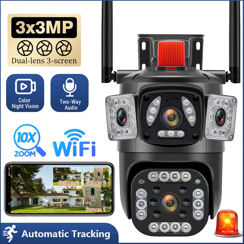 9MP 8K WiFi Camera Outdoor 10X Zoom Three Lens Dual Screen PTZ Waterproof Surveillance Security Video Street Camera