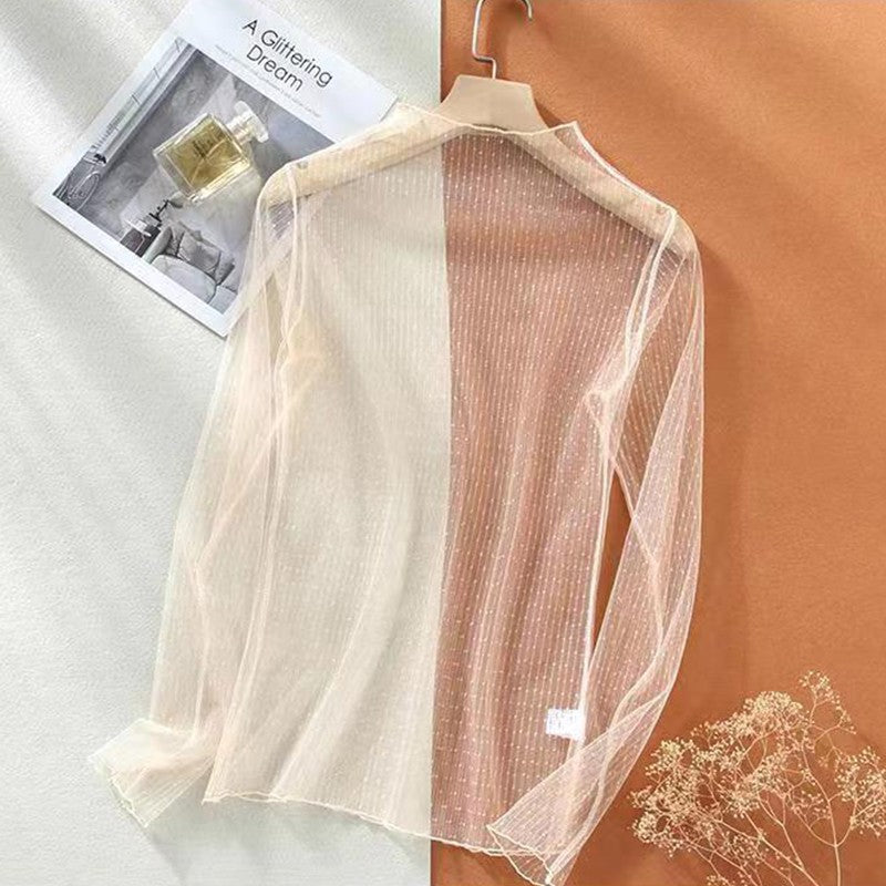 Lace Sheer Women‘s T-Shirt Fashion Mesh Summer Thin Bottom Shirt Transparent Long Sleeve Blouses Ladies Tops High Neck Tee Soli