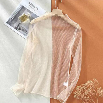 Lace Sheer Women‘s T-Shirt Fashion Mesh Summer Thin Bottom Shirt Transparent Long Sleeve Blouses Ladies Tops High Neck Tee Soli