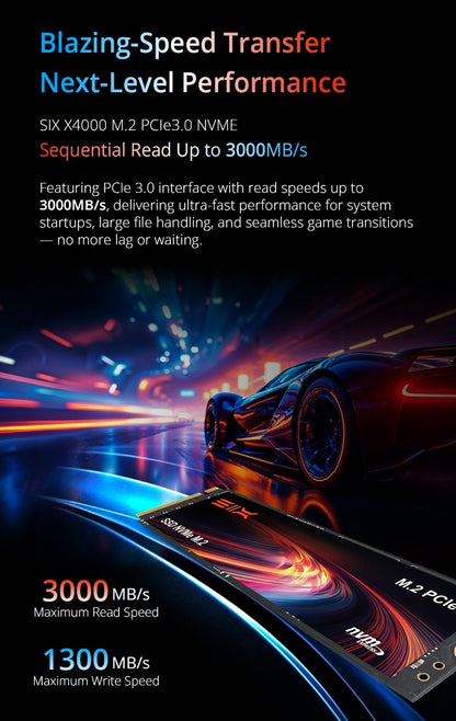 SIX X4000 3000MB/s M.2 PCIe 3.0 SSD 512GB, Unidade de Estado Sólido Interna, 260K IOPS, 300TBW, Armazenamento de Alta Velocidade para Desktop/Laptop