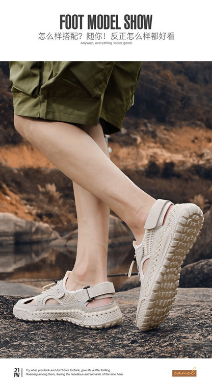 Sandals men's tide summer new style leather toe cap outdoor leisure sports hollow sandals beach shoes Handmade mesh men shoes