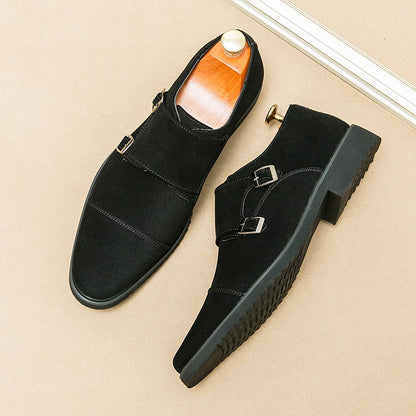 New Brown Loafers Flock Double Buckle Monk Shoes Black Square Toe Slip-On Business Men Dress Shoes Size 38-46 Free Shipping