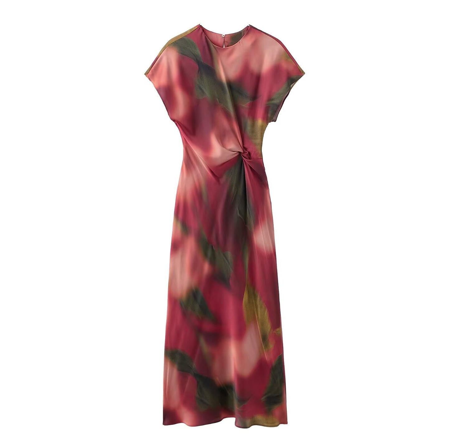 2025 RARA Spring New Women's Round Neck Waist Silk Satin Texture Printed Midi Dr